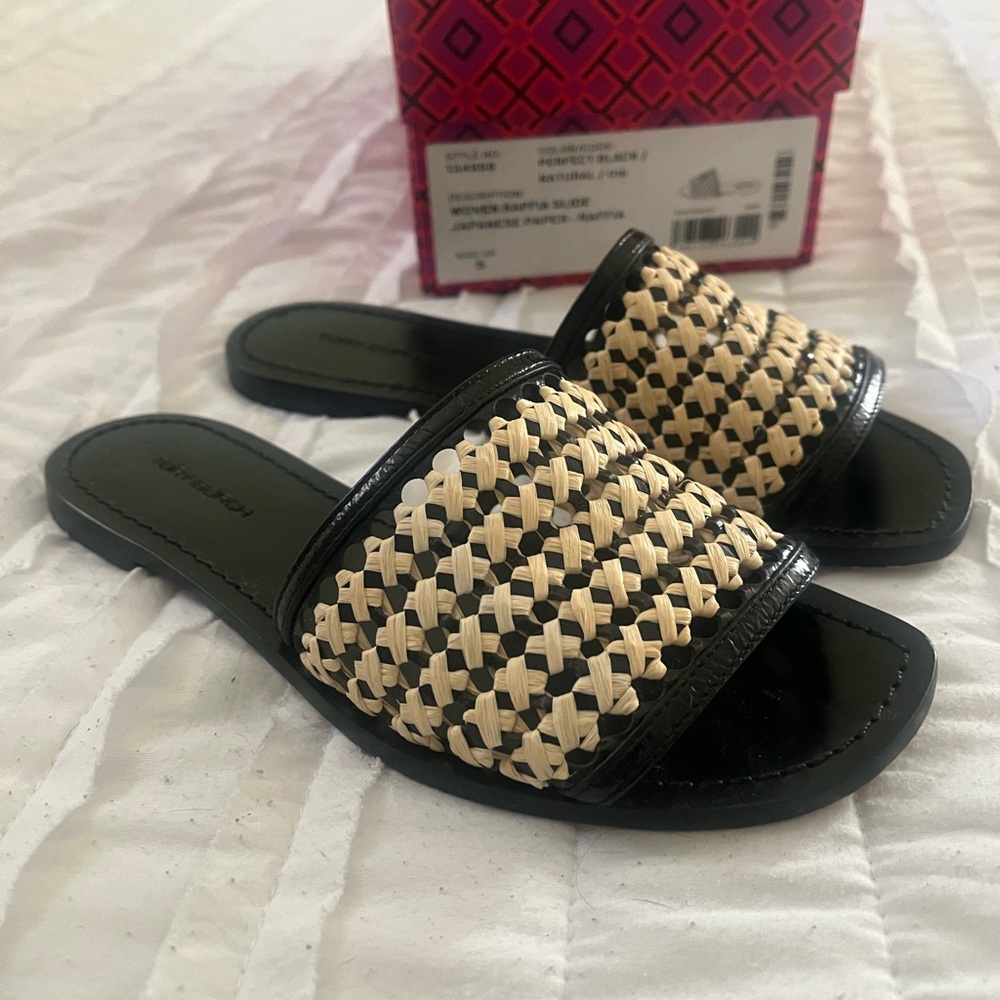 Tory Burch Black and Natural Woven Slide Sandals